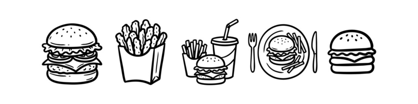 Minimalist black and white line art icons of fast food, including burgers, french fries, and soda. Ideal for restaurant menus, takeaway branding, and delivery apps. Hand-drawn vector set.