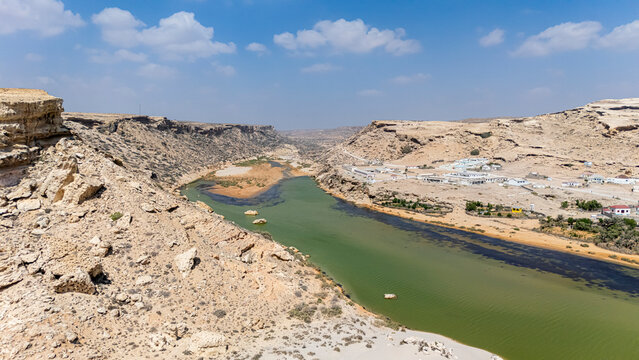Aerial view of Eyl lagoon with surrounding landscape and settlements in Puntland, Somalia