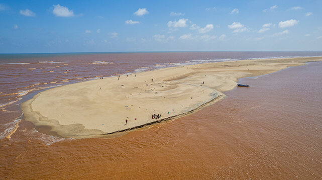 Aerial view of a huge sand bank at the Juba river flowing in the Indina Ocean, Kismayo, Jubaland, Somalia
