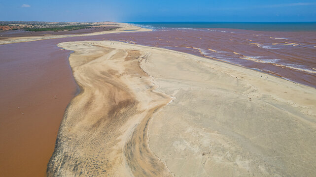 Aerial view of a huge sand bank at the Juba river flowing in the Indina Ocean, Kismayo, Jubaland, Somalia