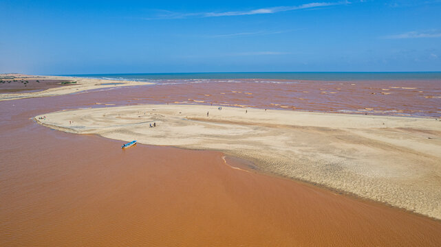 Aerial view of a huge sand bank at the Juba river flowing in the Indina Ocean, Kismayo, Jubaland, Somalia