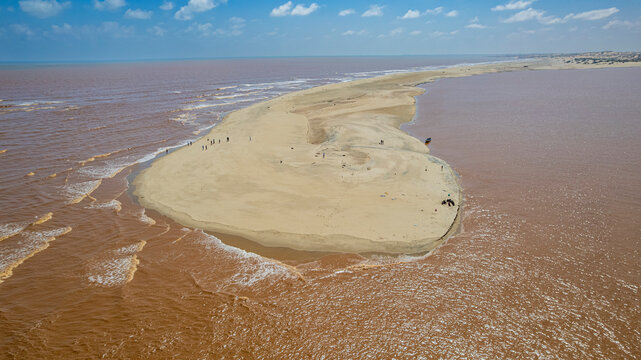 Aerial view of a huge sand bank at the Juba river flowing in the Indina Ocean, Kismayo, Jubaland, Somalia