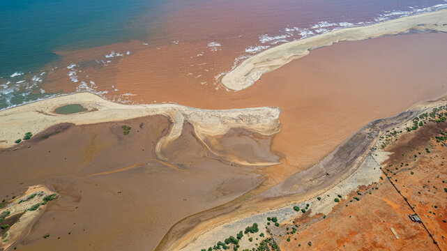 Aerial view of a huge sand bank at the Juba river flowing in the Indina Ocean, Kismayo, Jubaland, Somalia