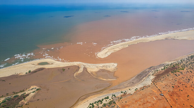 Aerial view of a huge sand bank at the Juba river flowing in the Indina Ocean, Kismayo, Jubaland, Somalia