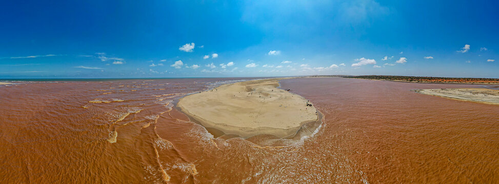 Aerial view of a sand bank formed by the Juba river merging into the Indian Ocean in Jubaland