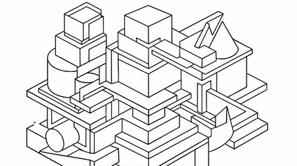 Fototapeta premium Isometric abstract composition with layered geometric shapes, cubes, cylinders, and cones, architectural design element