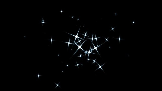 Glowing star particles bursting on black screen background, magic glint effect overlay, shining particles burst visual effect for chroma key video project and dynamic post production 4k video.