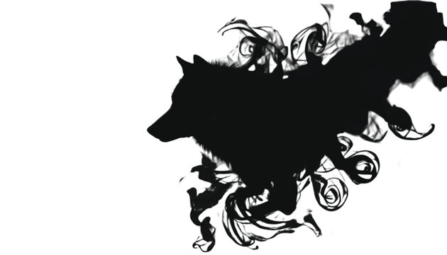 Wolf running dynamically through swirling abstract ink splashes and decorative flourishes forming a powerful predator silhouette that conveys wild freedom and untamed natural instinct energy.