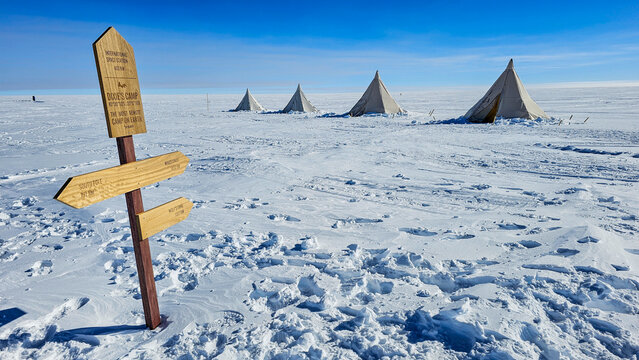 Signpost at Camp Dixie, South Pole, Antarctica