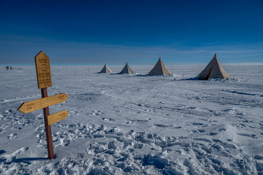 Signpost at Camp Dixie, South Pole, Antarctica
