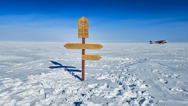 Signpost at Camp Dixie, South Pole, Antarctica