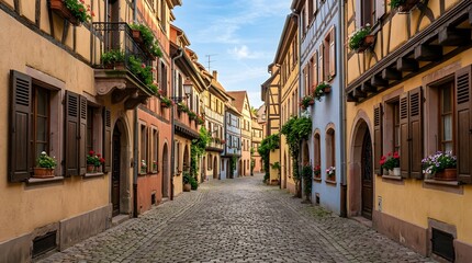 Fototapeta premium Charming cobblestone street with colorful half-timbered houses in a historic European town.