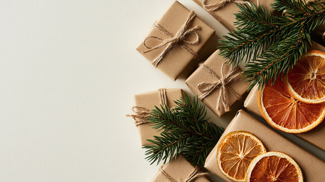 Christmas gift wrapping with recycled kraft paper, twine, and fresh pine sprigs.