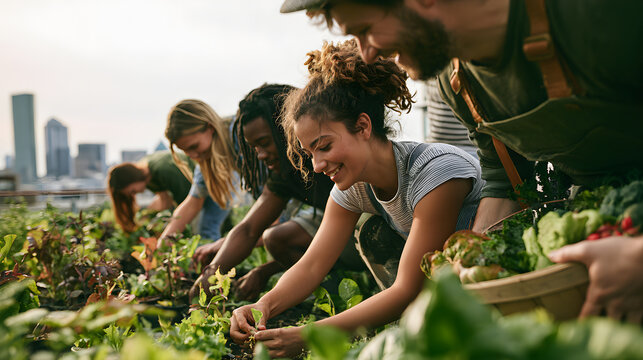 Diverse group of young adults collaborating in a lush, productive urban rooftop community garden.