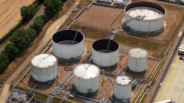 Aerial View of Petroleum Refinery and Oil Storage Tank Farm with Fuel Silos in the UK