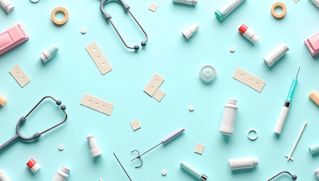 Medical and healthcare concept background featuring stethoscopes, pills, syringes, and various clinical instruments neatly arranged on a vibrant blue surface