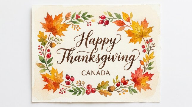 A beautiful watercolor illustration featuring autumn maple leaves and berries celebrating the festive spirit of thanksgiving day in canada seasonal holiday