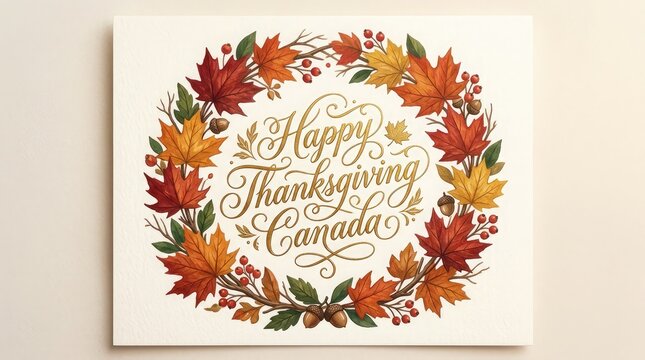 A beautiful watercolor wreath made of autumn maple leaves surrounding elegant golden calligraphy celebrating the festive thanksgiving day in canada holiday season