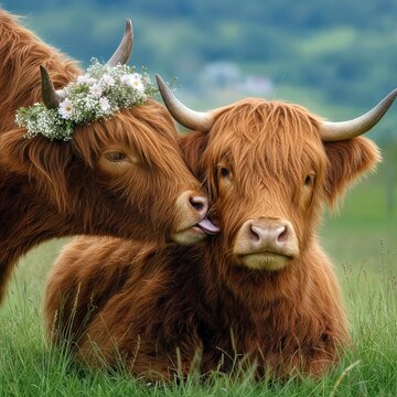 A charming Highland cow, beautifully adorned with a floral bridal laurel, gently kissing another cow in a picturesque pasture