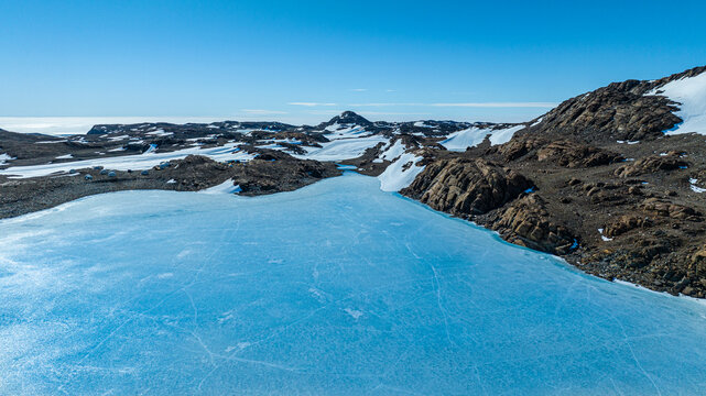 Aerial of a frozen lake, Queen Maud Land, Antarctica
