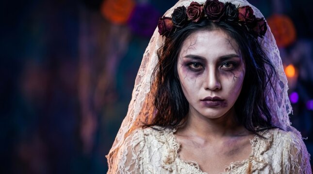 Asian woman in a spooky ghost bride costume, wearing a gothic veil and terrifying makeup. A Halloween portrait of a zombie bride. A sinister dead bride look for a festive party.