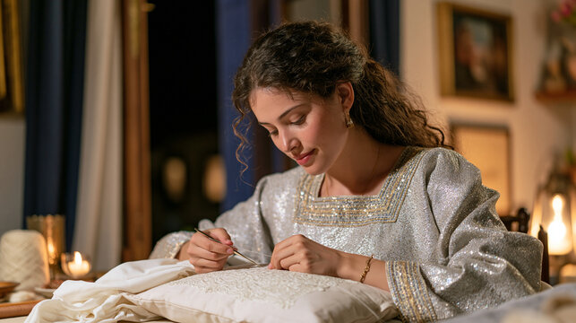 Lacemaker working needle through fine thread at a rain-streaked window, pooling light from the street outside illuminating the delicate pattern on her pillow, night routine craft