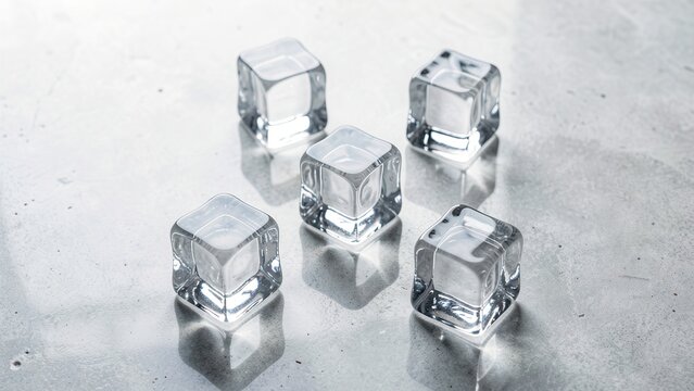 overhead shot of crystal clear ice cubes on polished concrete surface perfect for beverage advertisement or modern kitchen design concept