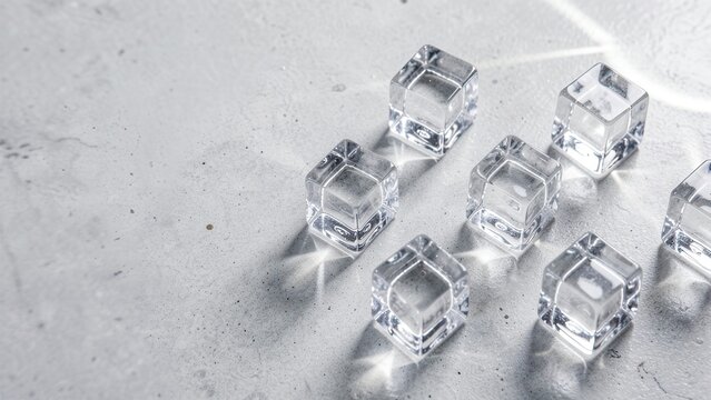 overhead shot of crystal clear ice cubes on polished concrete surface perfect for beverage advertisement or modern kitchen design concept