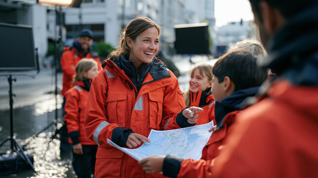 Television weather presenter in rain gear standing on a flooded city street, pointing at a laminated coastal island kayak route map while a family in matching waterproofs crowd