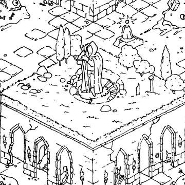 Hand-drawn fineliner seamless pattern of a fairytale dungeon map with heroes and a slime boss. Line art style. Perfect for indie game assets, geek merchandise, TTRPG maps, packaging, and textiles.