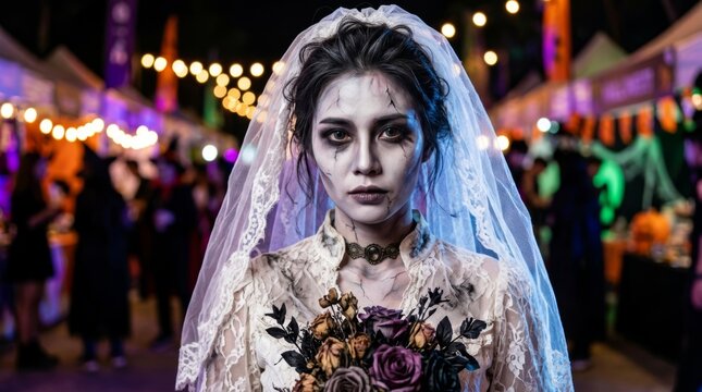 Asian woman in a zombie bride costume, wearing scary makeup and a veil, at a Halloween festival. A concept for celebrating the spooky holiday dressed as a ghostly bride.