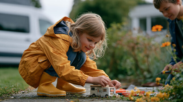 Young child in rain boots examining a miniature van conversion model laid out on a garden path under a brooding overcast sky, an older sibling demonstrating camper build