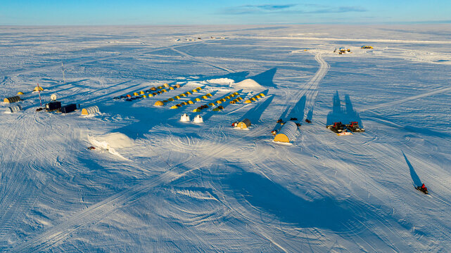 Aerial of Wolf's Fang Runway at sunset, Queen Maud Land, Antarctica