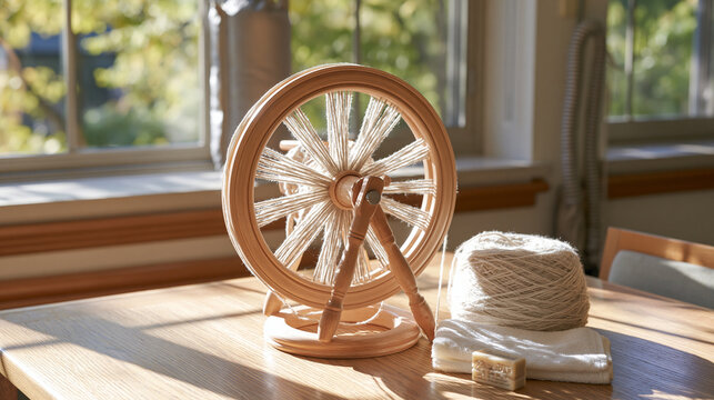 Spinning wheel loaded with natural yarn in a hospital common room, the symbolic still life showing a coiled solar shower bag hanging from a window latch beside the wool, a single