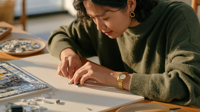 Mosaic artist arranging hand-cut tile tesserae at golden hour, warm rays streaming across the studio floor, scattered fragments and completed corner of the panel showing early