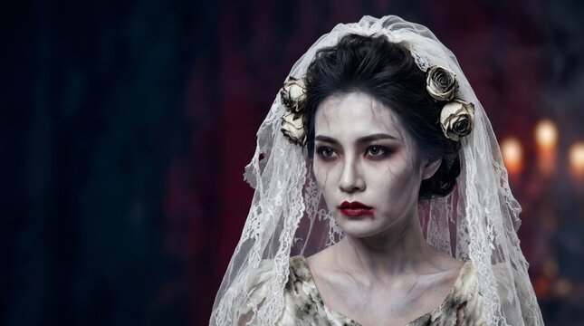 Asian woman in a spooky ghost bride costume, wearing a gothic veil and terrifying makeup. A Halloween portrait of a zombie bride. A sinister dead bride look for a festive party.
