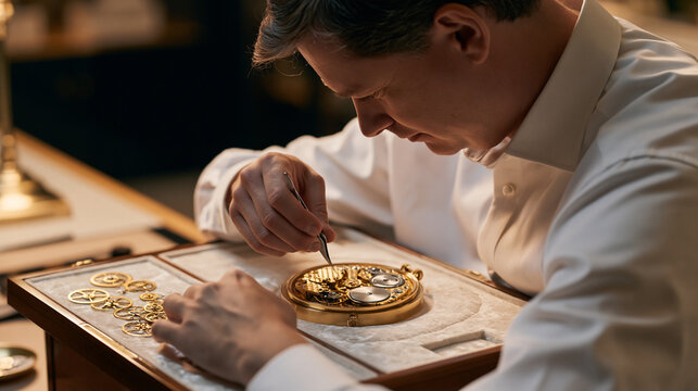 Clock restorer bent over a dismantled mantel clock by candlelight, tweezers lifting a hairspring into position, escapement parts arranged on velvet, amber flame casting warm
