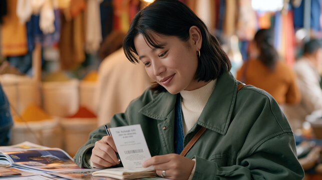 Cloakroom worker at vibrant street market pinning branded packaging insert card to folded jacket ticket, over the shoulder angle showing stalls packed with hanging textiles and