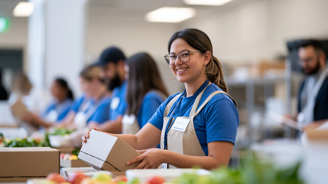 Grocery bagger in a hospital canteen alongside diverse staff team, efficiently packing meal trays and produce, food service cross-training program, healthcare facility kitchen