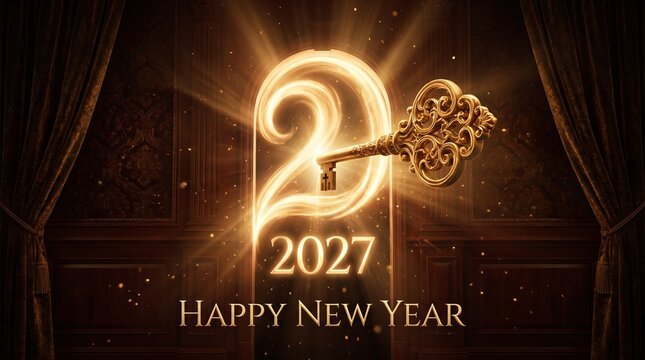 Golden key unlocking 2027 door for Happy New Year celebration and festive success concept
