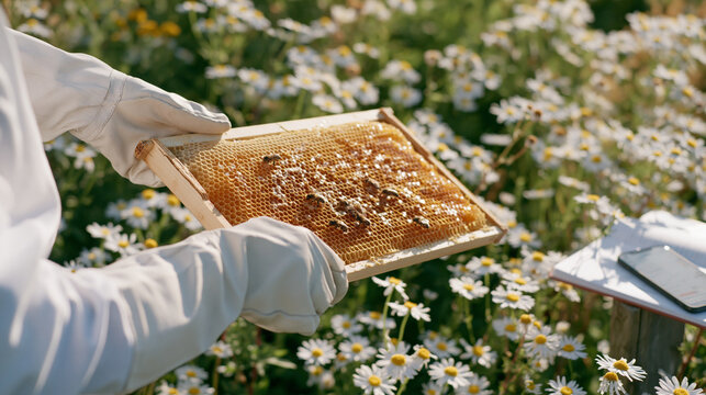 Beekeeper's gloved hands lifting a frame of honeycomb from a hive in a wildflower meadow, close up capturing hexagonal wax cells glistening in natural daylight, a wellness journal