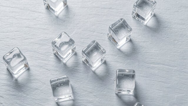 overhead view of crystal clear ice cubes on light grey slate surface minimalist airy commercial background for drink advertising
