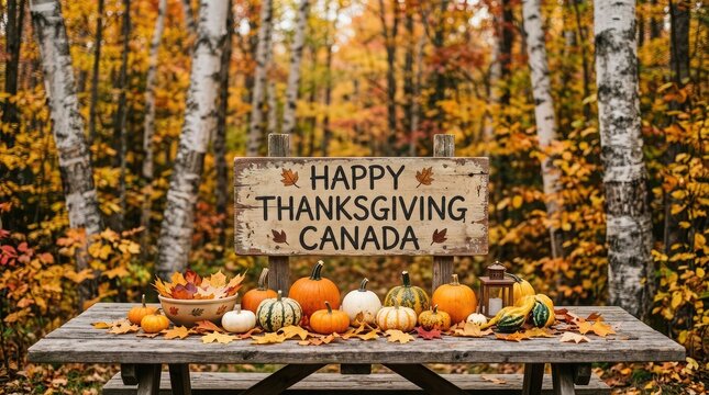 A rustic wooden table displays festive pumpkins and seasonal decor in a vibrant autumn forest for thanksgiving day in canada celebration