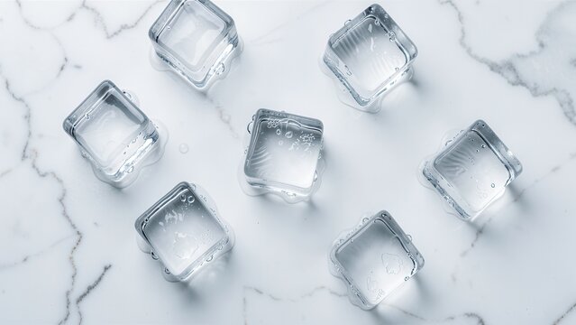 top view flat lay of crystal clear melting ice cubes on white marble surface bright natural daylight for beverage advertising and refreshment concept