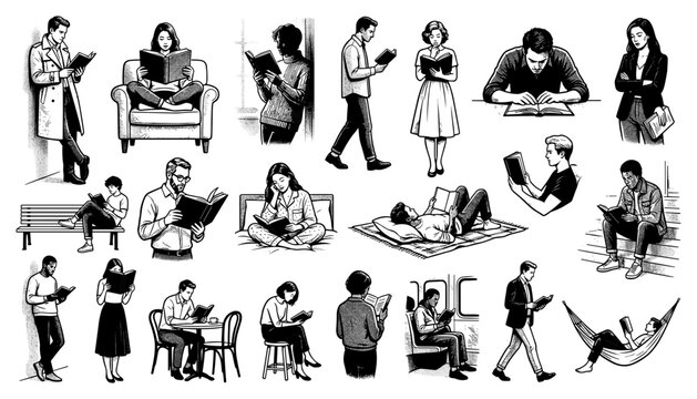 Collection of people reading books in various poses and settings