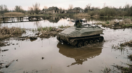 Naklejka premium Armed Unmanned Ground Vehicle Crossing Flooded War Zone