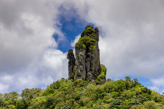 Hike offers views of Needle rock formation on Cross Island trail in Rarotonga Island of Cook Islands