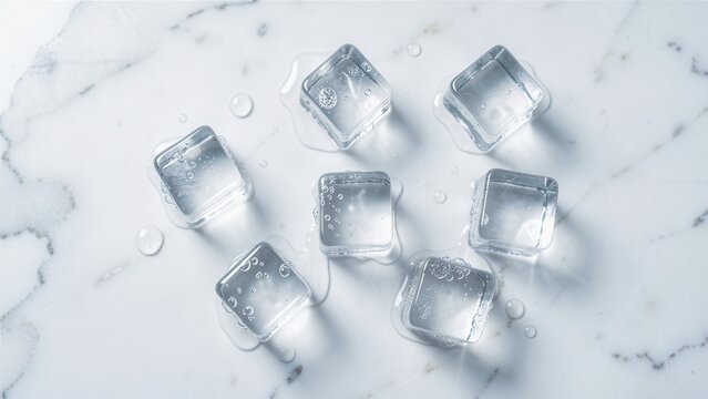 top view flat lay of crystal clear melting ice cubes on white marble surface bright natural daylight for beverage advertising and refreshment concept