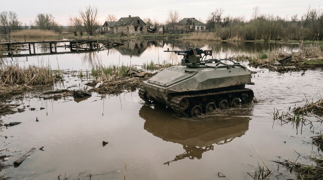 Armed Unmanned Ground Vehicle Crossing Flooded War Zone