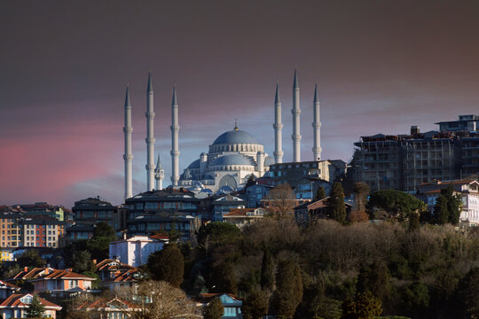 Largest mosque in Turkey stands tall against the skyline in the city during sunset hours